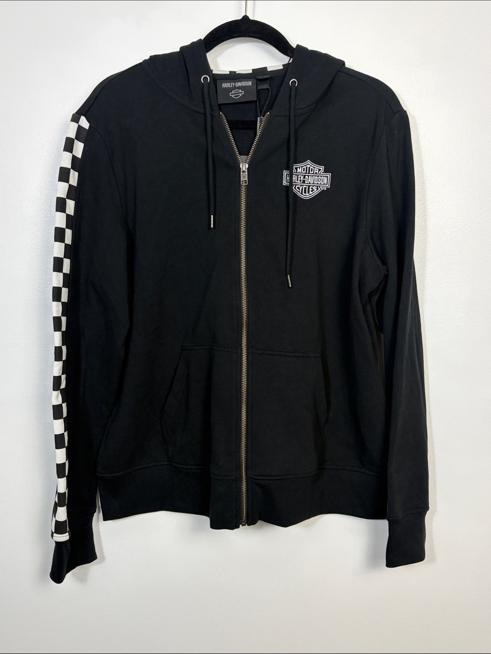 Harley-Davidson Checker Flag Black Sweat Full-Zip Hoodie Women's Size XL NWT